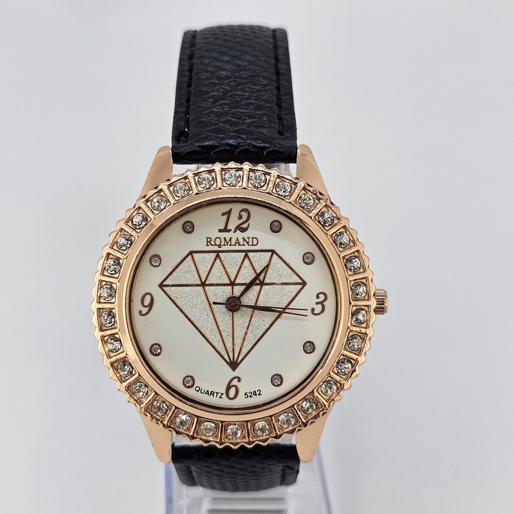 41MM Women Watch Cream Dial Crystal Bezels Black Faux Leather Bands NEW Battery